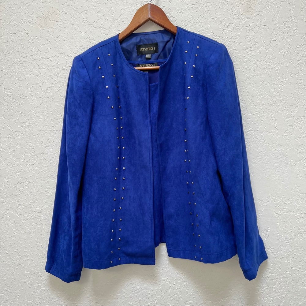 Studio I Royal Blue Faux Suede Studded Jacket Tank Top Set Size 8 Modern Chic